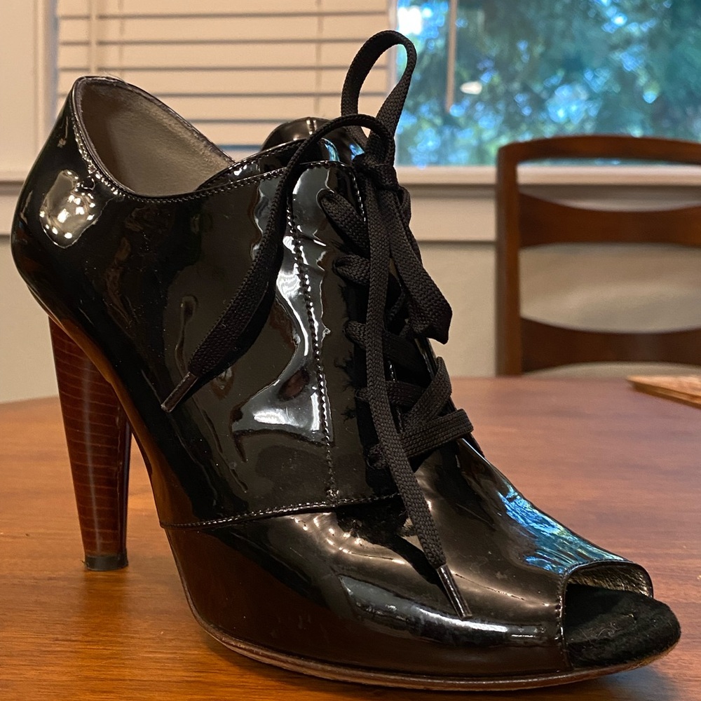 Dolce and Gabbana black patent peep toe booties 38.5